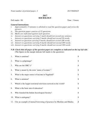 Nagaland Board Class 12 SOCIOLOGY 2017 Question Papers