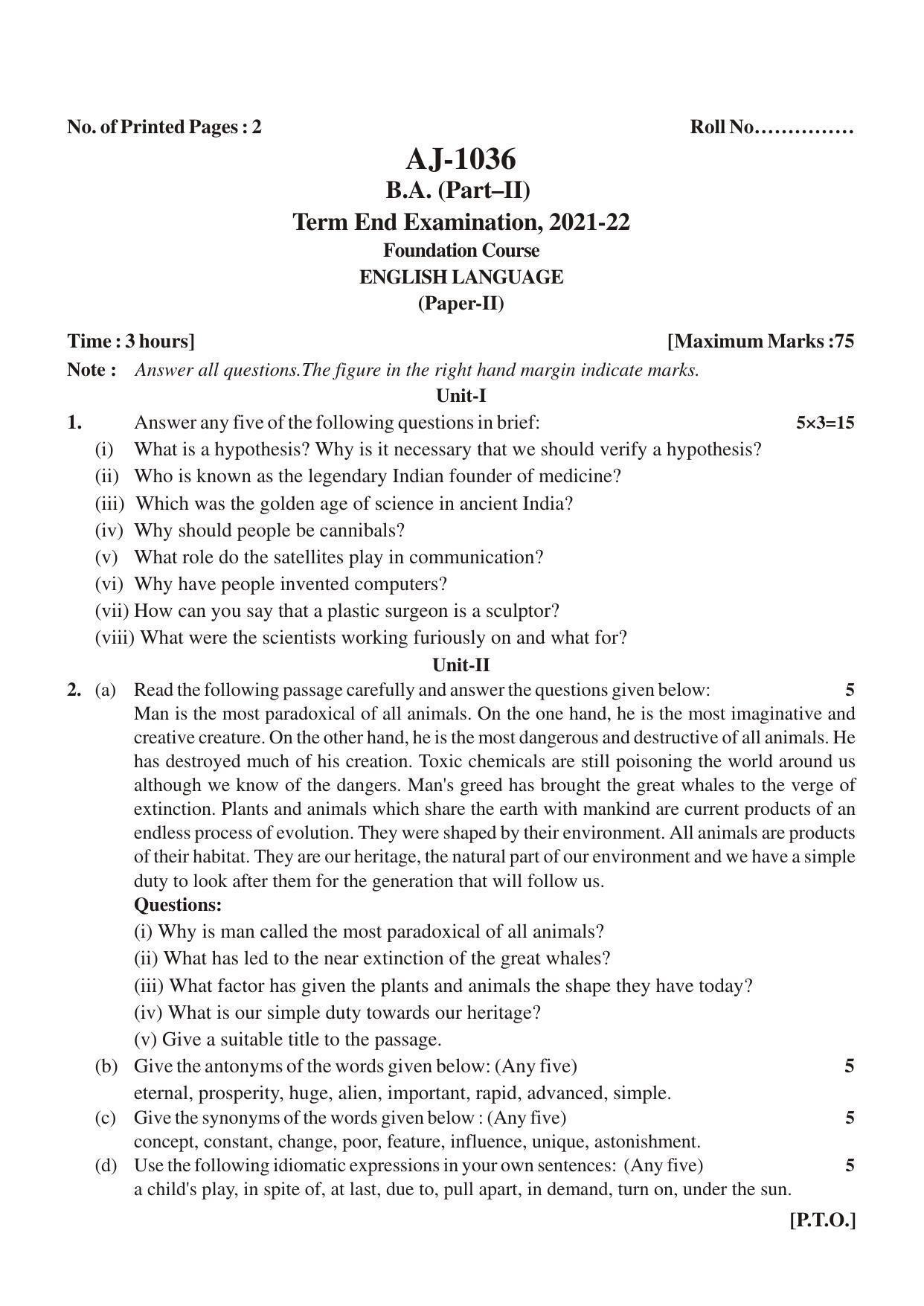 Bilaspur University Question Paper 2021-2022:B.A. Part-II (Two) FC:English Language Paper 1 - Page 1