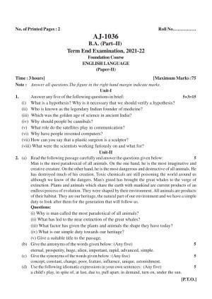Bilaspur University Question Paper 2021-2022:B.A. Part-II (Two) FC:English Language Paper 1