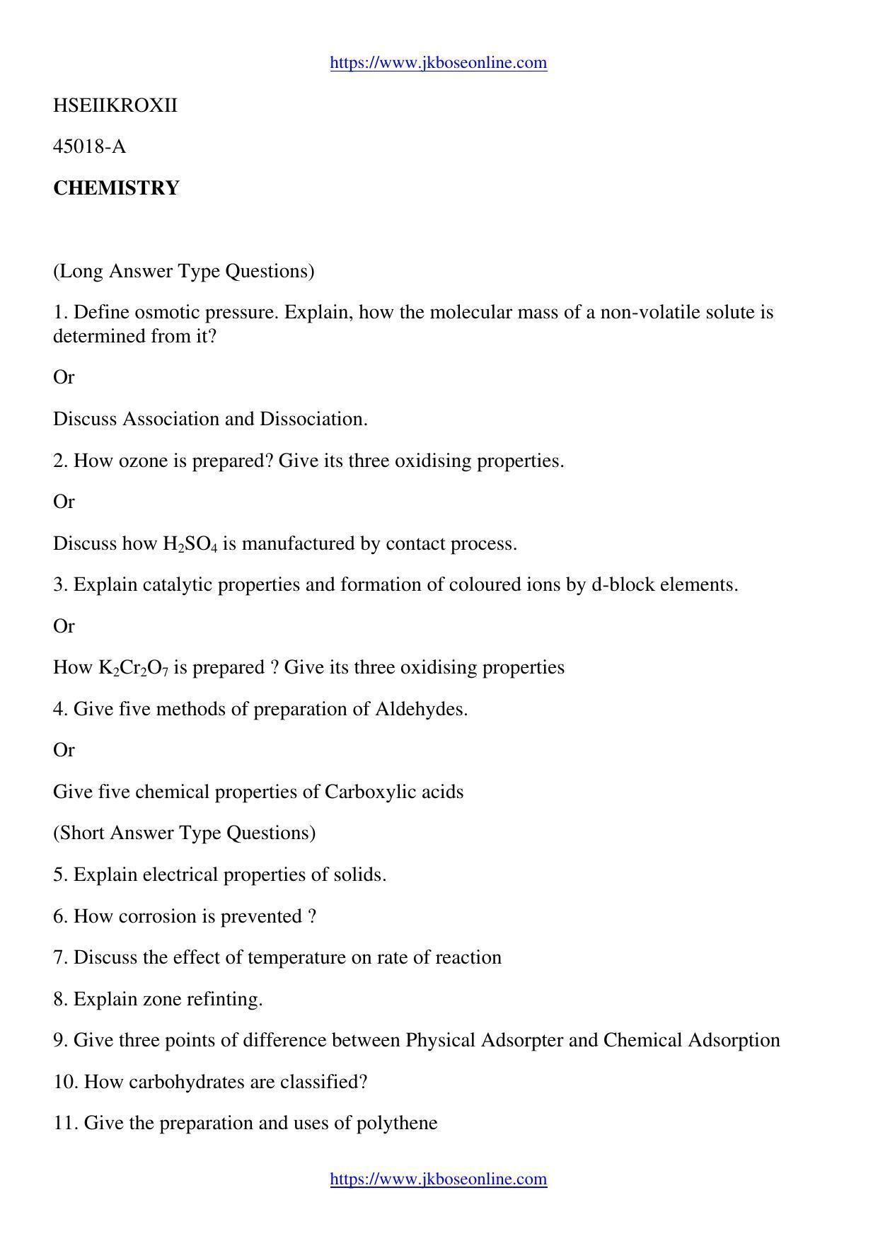 JKBOSE Class 12 Chemistry Question Papers 2012 (45018-A) - Page 1