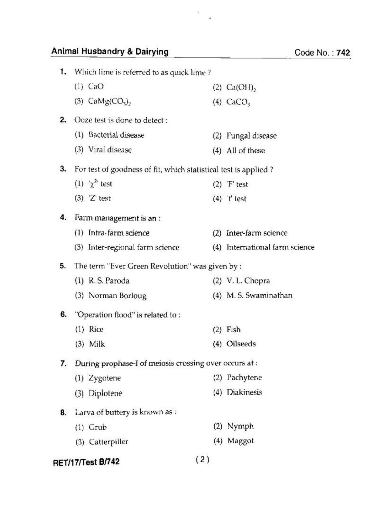BHU RET(Agriculture) Animal Husbandry & Dairying 2017 Question Paper - Page 4