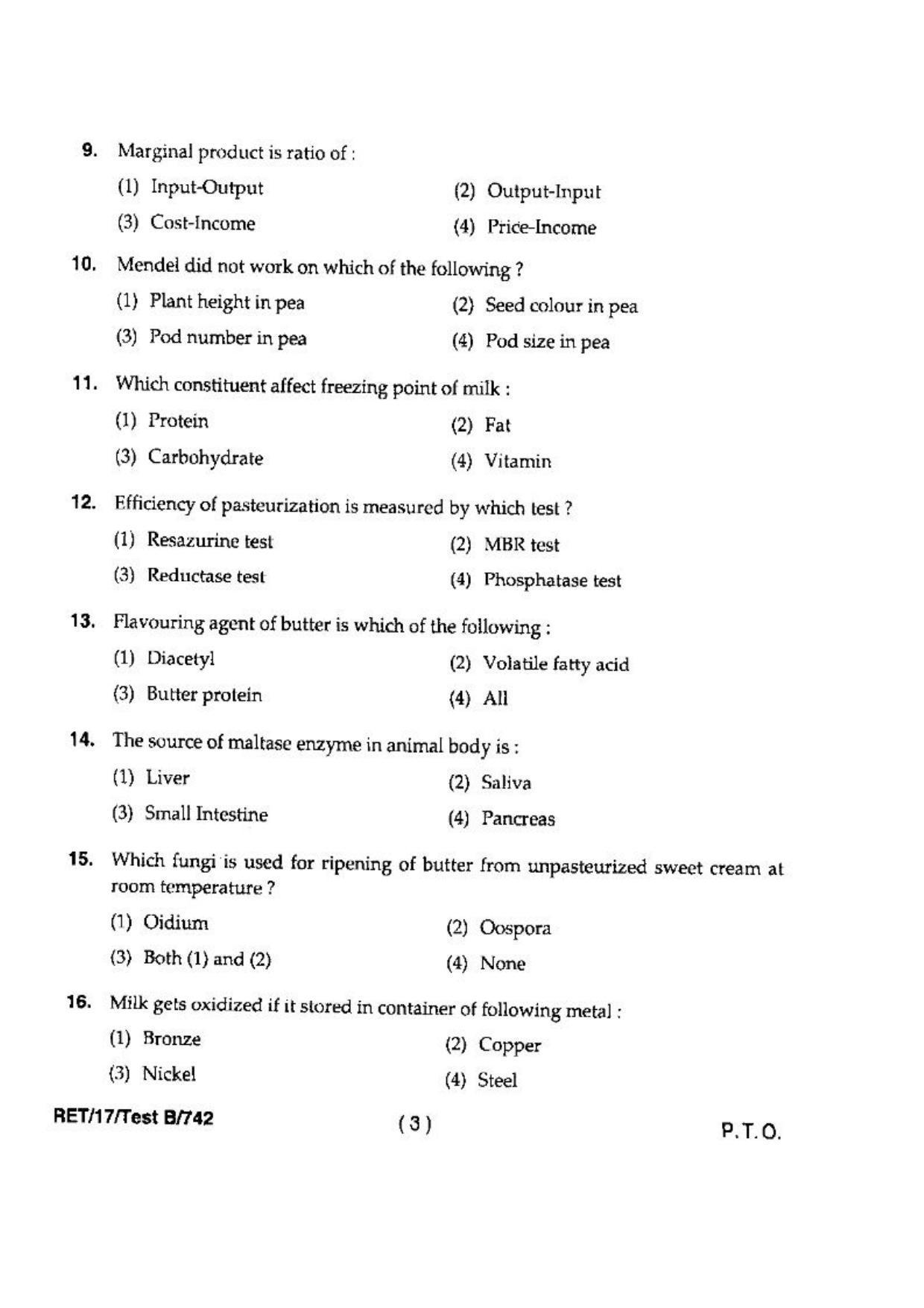 BHU RET(Agriculture) Animal Husbandry & Dairying 2017 Question Paper - Page 5