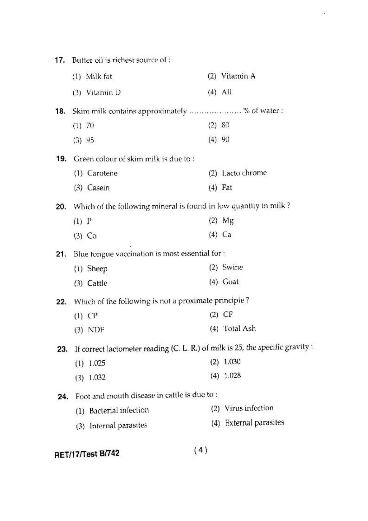 BHU RET(Agriculture) Animal Husbandry & Dairying 2017 Question Paper - Page 6