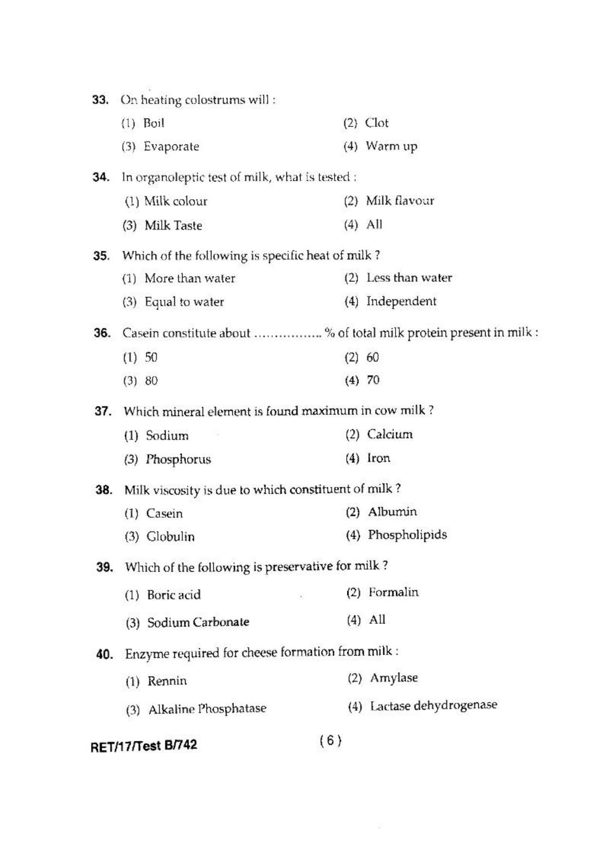 BHU RET(Agriculture) Animal Husbandry & Dairying 2017 Question Paper - Page 8