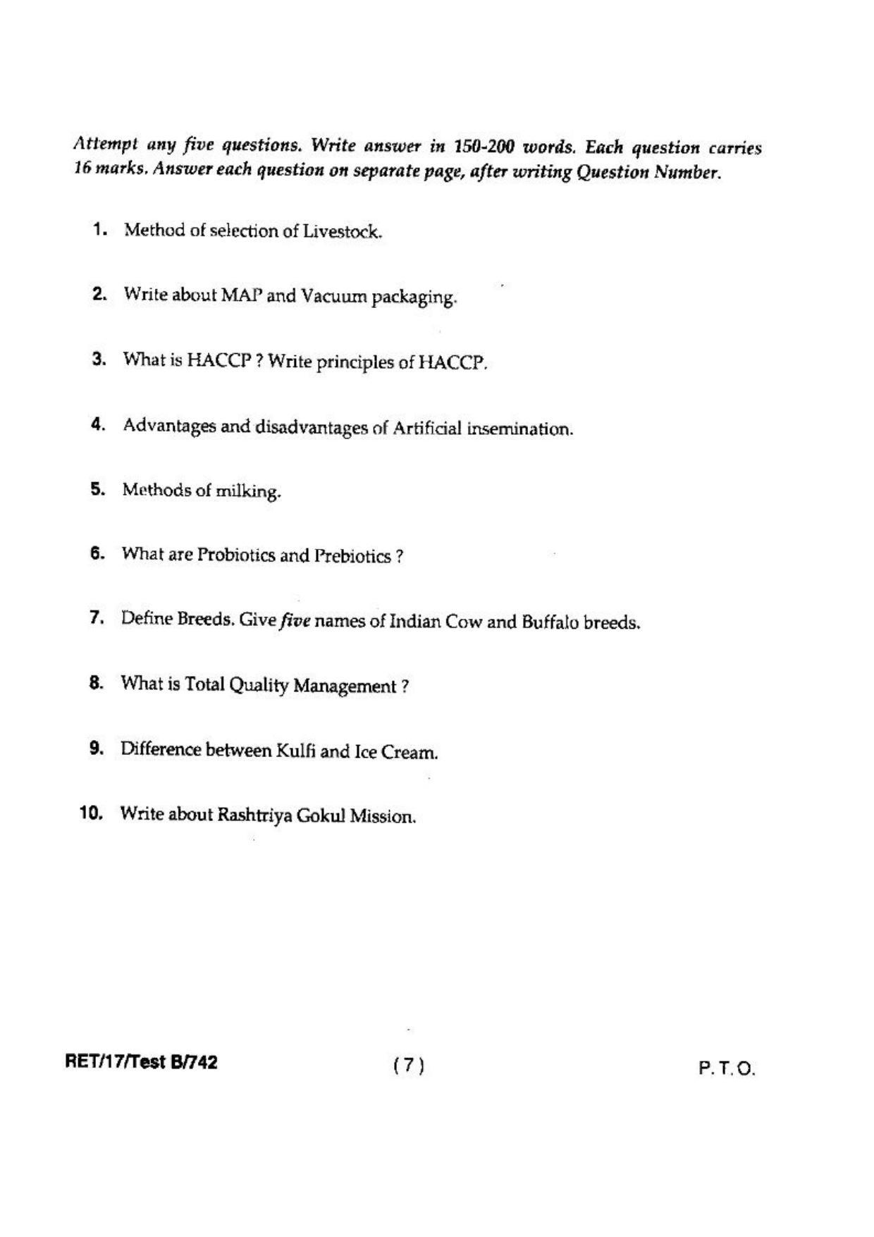 BHU RET(Agriculture) Animal Husbandry & Dairying 2017 Question Paper - Page 9