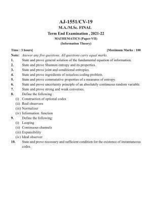  Bilaspur University Question Paper 2021-2022:M.A (Final) Mathematics  Information Theory Paper 1