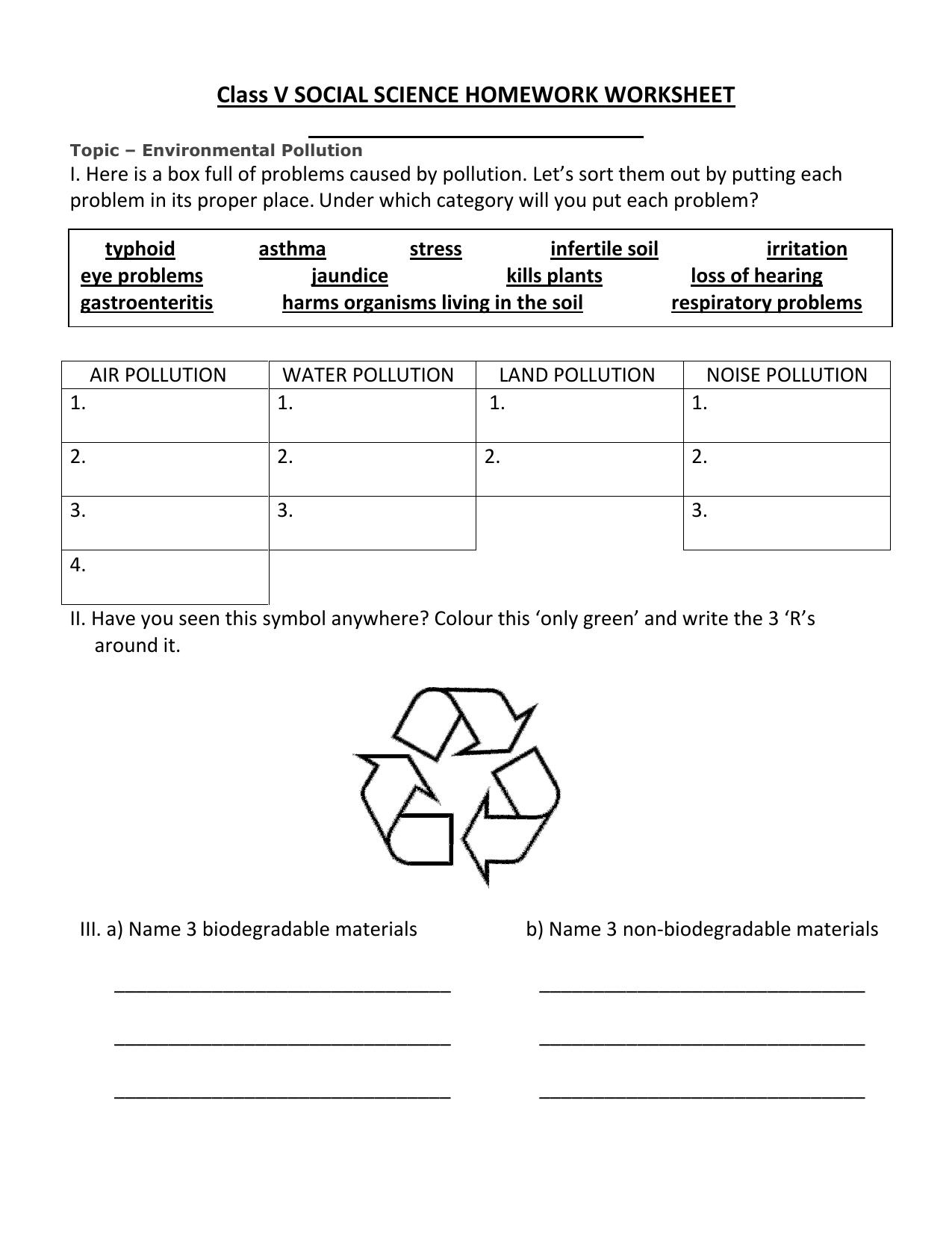 Worksheet for Class 5 Social Science Environmental Pollution Assignment - Page 1