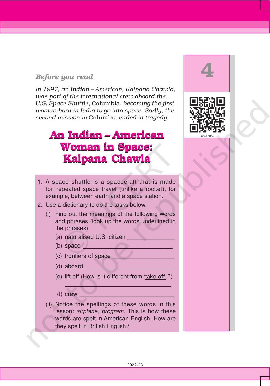 NCERT Book for Class 6 English(Honeysuckle) : Chapter 4-An Indian – American Woman in Space: Kalpana Chawla - Page 5