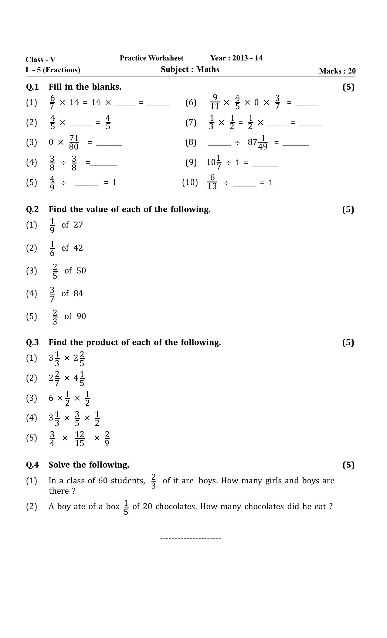 Worksheet for Class 5 Maths Fractions Assignment - Page 1