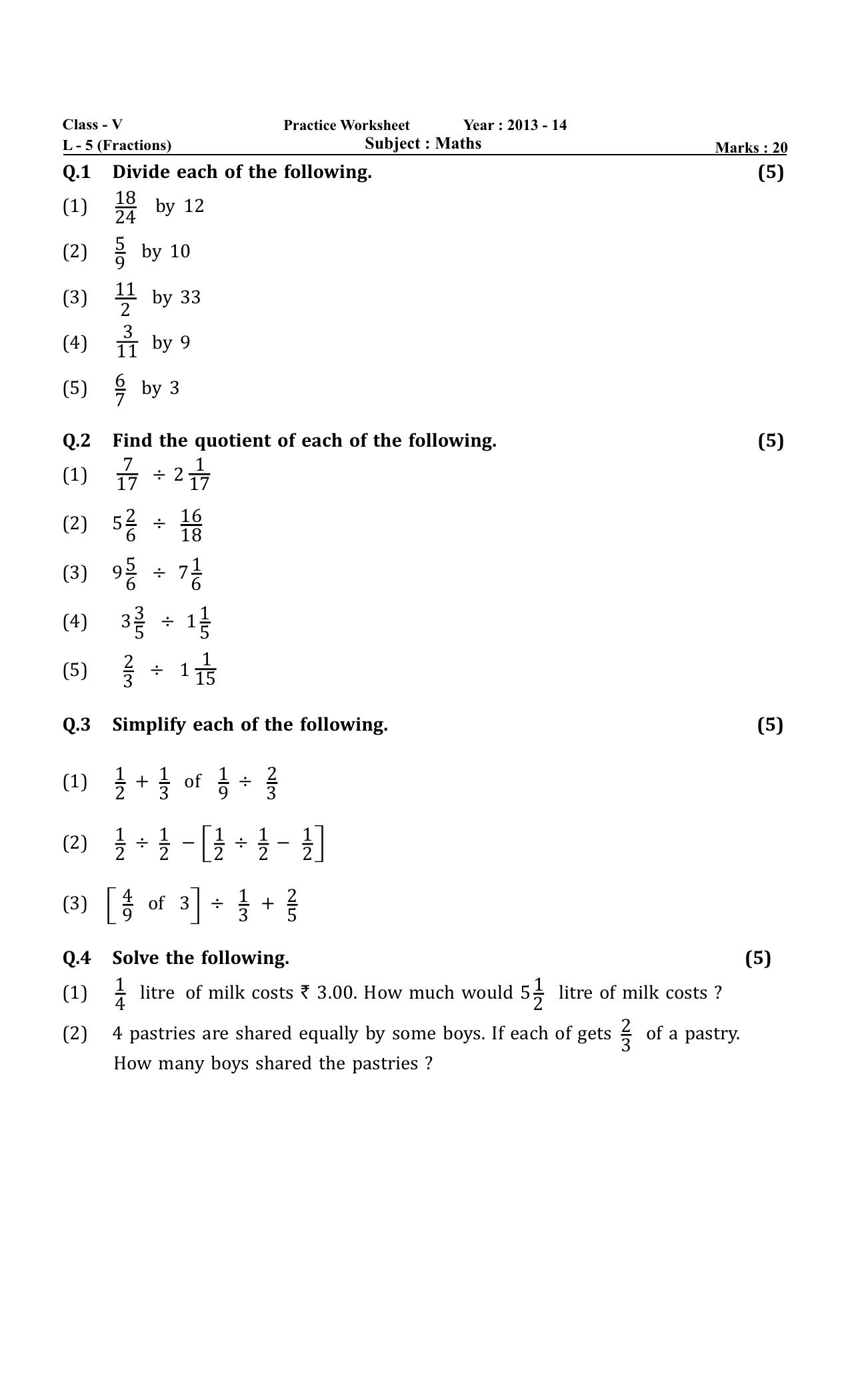 Worksheet for Class 5 Maths Fractions Assignment - Page 2