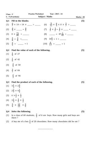 Worksheet for Class 5 Maths Fractions Assignment