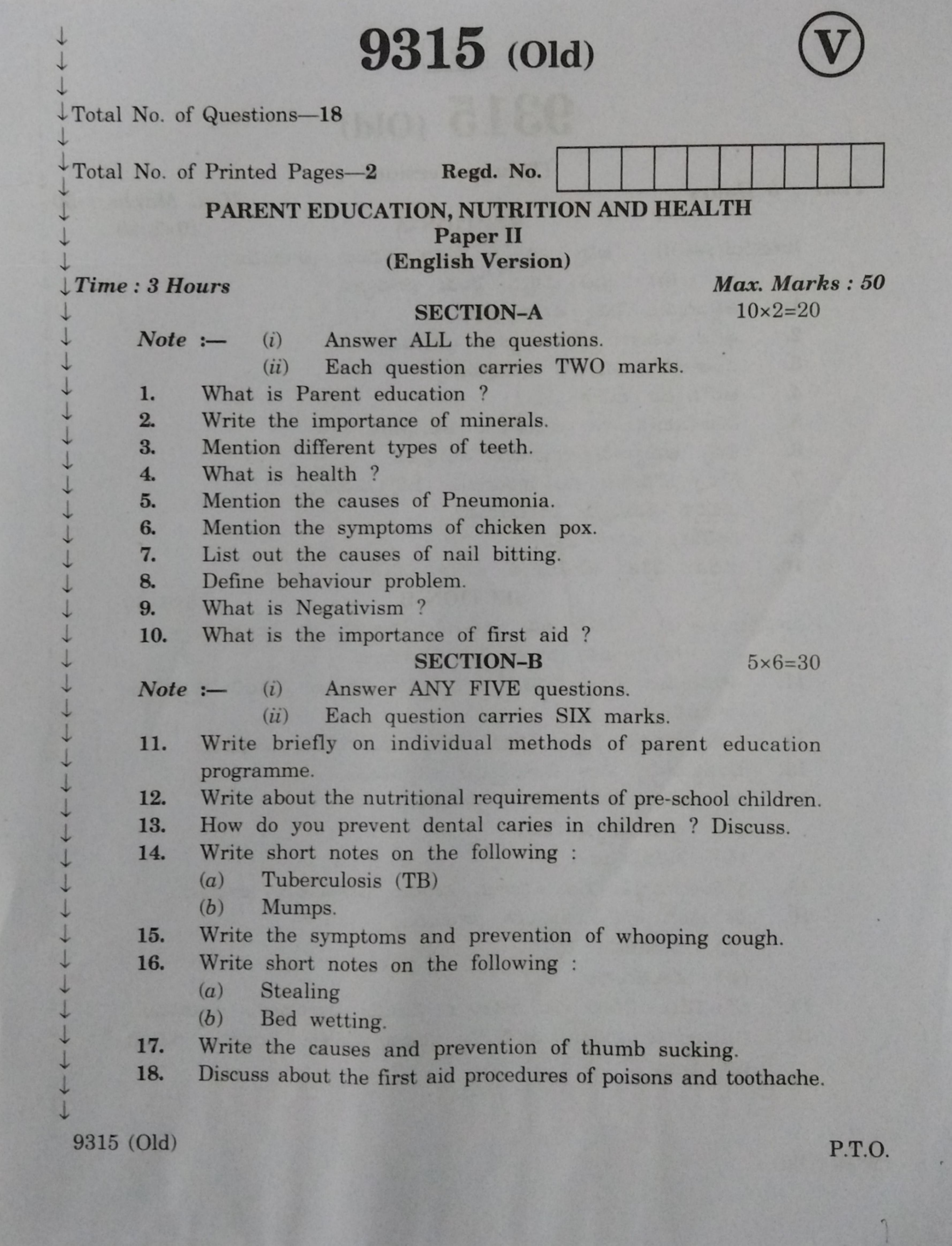 AP Inter 2nd Year Vocational Question Paper March - 2020 - Parent Education Nutrition Health - II (old) - Page 1