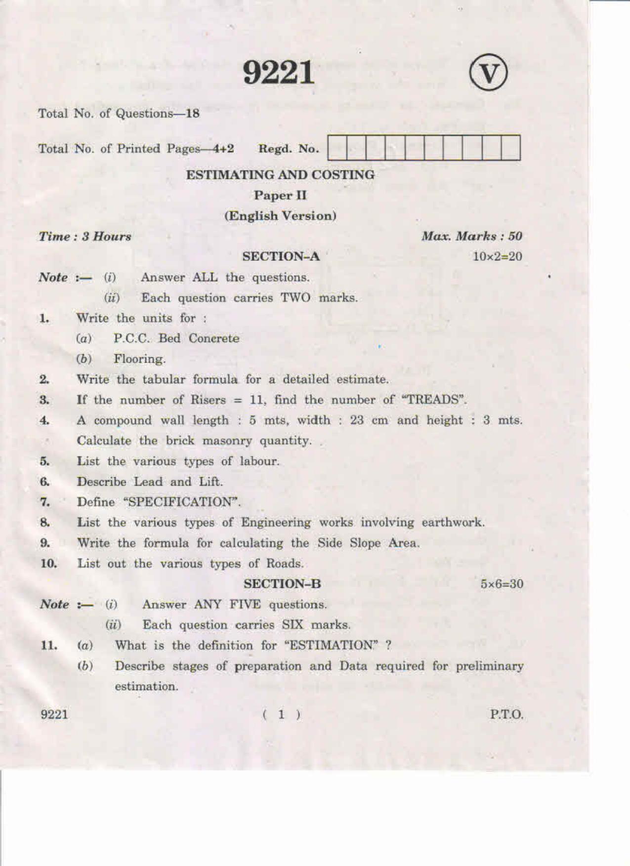 AP Inter 2nd Year Estimating & Costing-II May-2019-Vocational Question Paper - Page 1