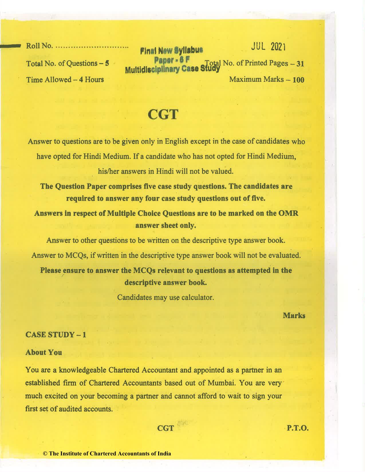 CA Final Jul 2021 Question Paper - Paper 6F – Multidisciplinary Case Study - Page 1