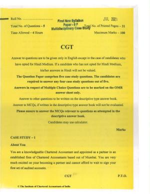 CA Final Jul 2021 Question Paper - Paper 6F – Multidisciplinary Case Study