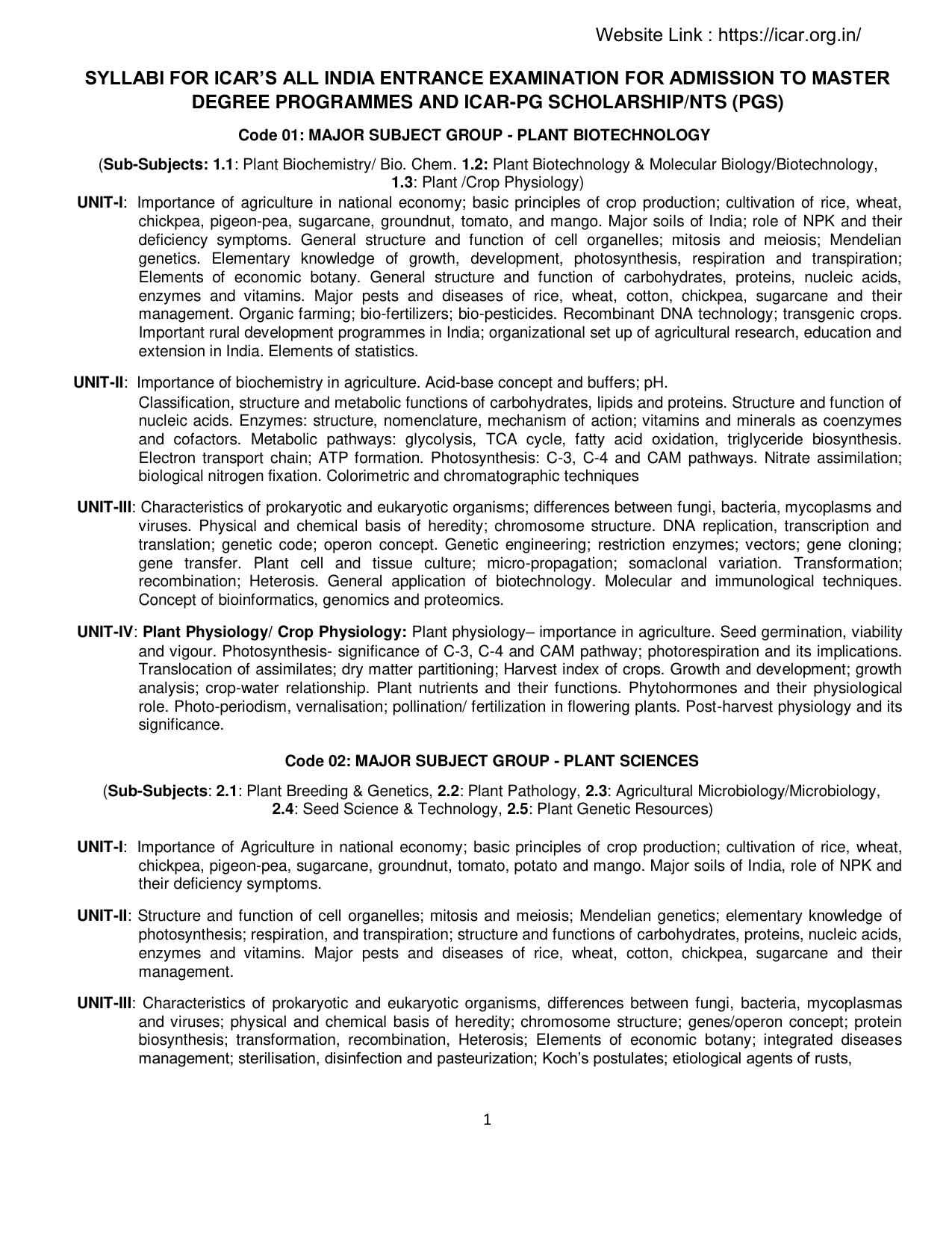 ICAR AIEEA PG 2025 Syllabus - Page 1