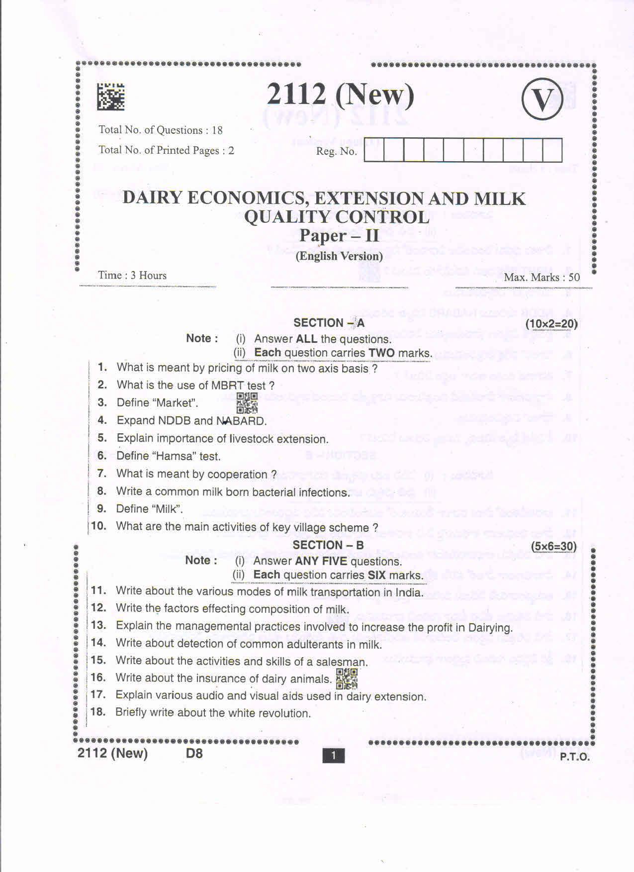 AP Intermediate 2nd Year Vocational Question Paper September-2021-Dairy_Economics,Extension&Milk_Quality_Control(NEW)-II - Page 1