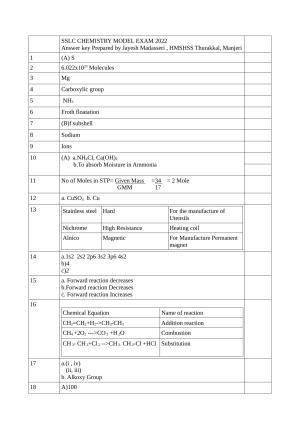 Kerala SSLC 2022 Chemistry Answer Key (EM) (Model)