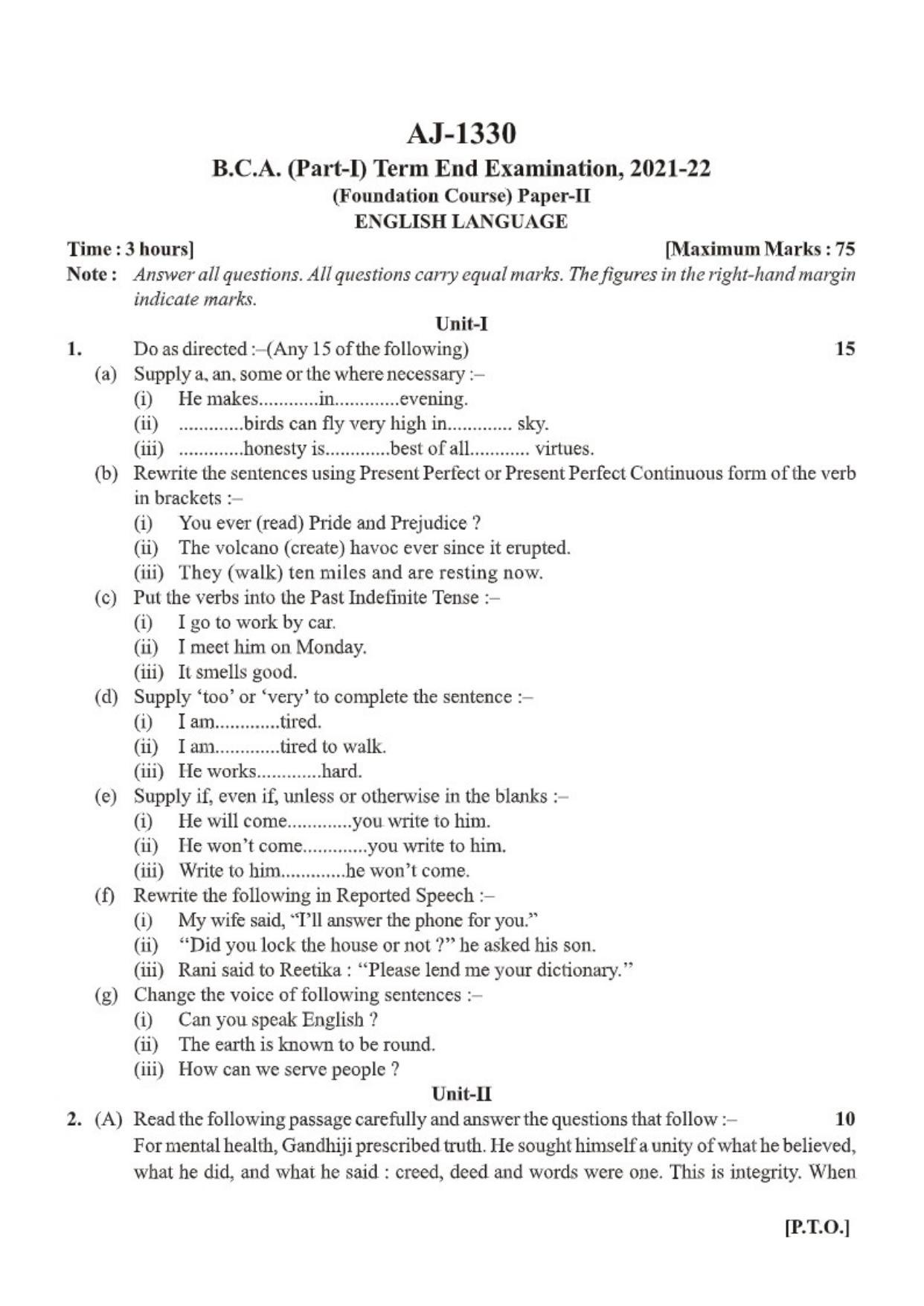 Bilaspur University Question Paper 20212022 B.C.A. PartI(One) FC