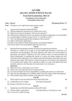  Bilaspur University Question Paper 2021-2022:B.Sc. Home Science Part- II FC: English Language Paper 1