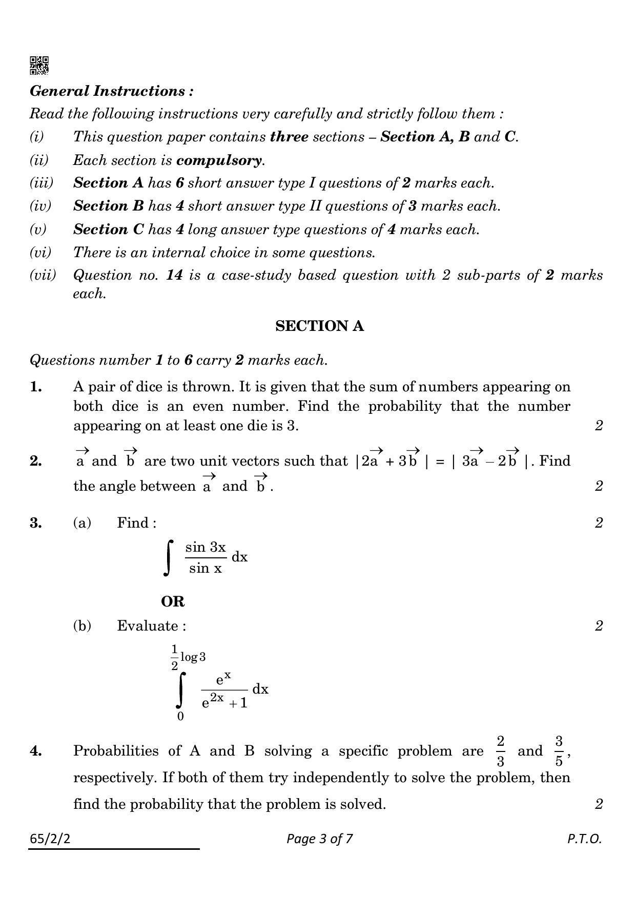 CBSE Class 12 65-2-2 Mathematics 2022 Question Paper - Page 3