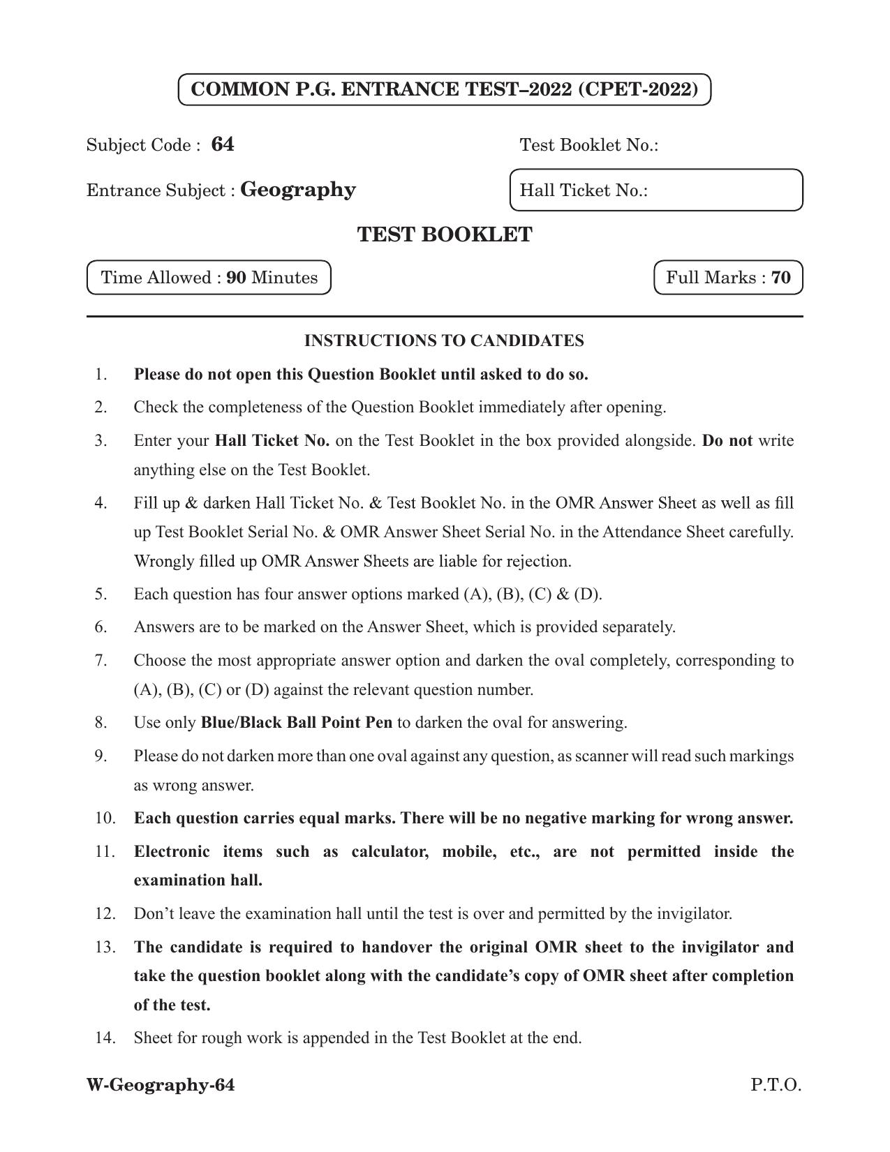 Odisha CPET 2022 GEOGRAPHY Question Paper - Page 1