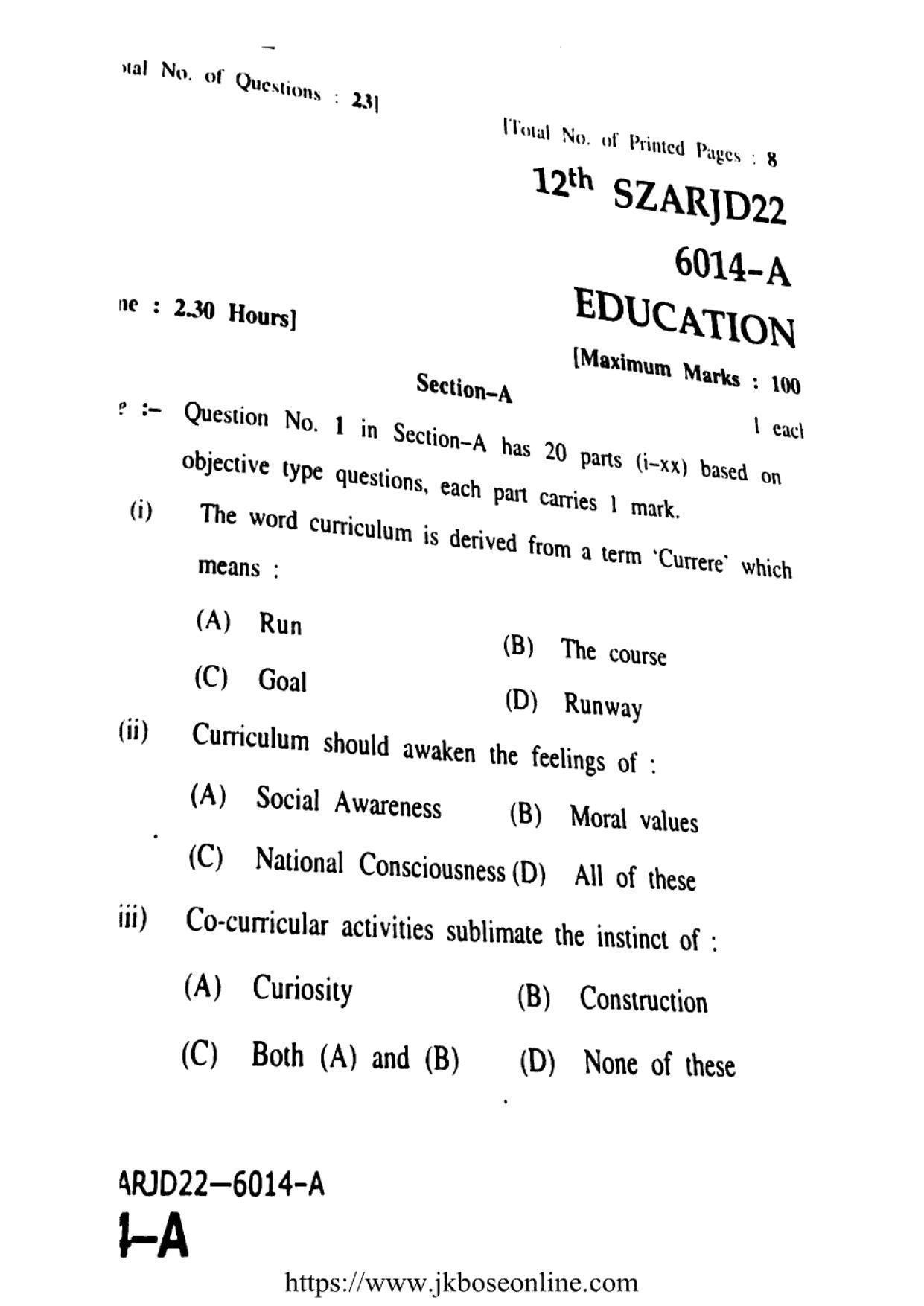 JKBOSE Class 12 Education 6014-A Question Papers 2022 - Page 1