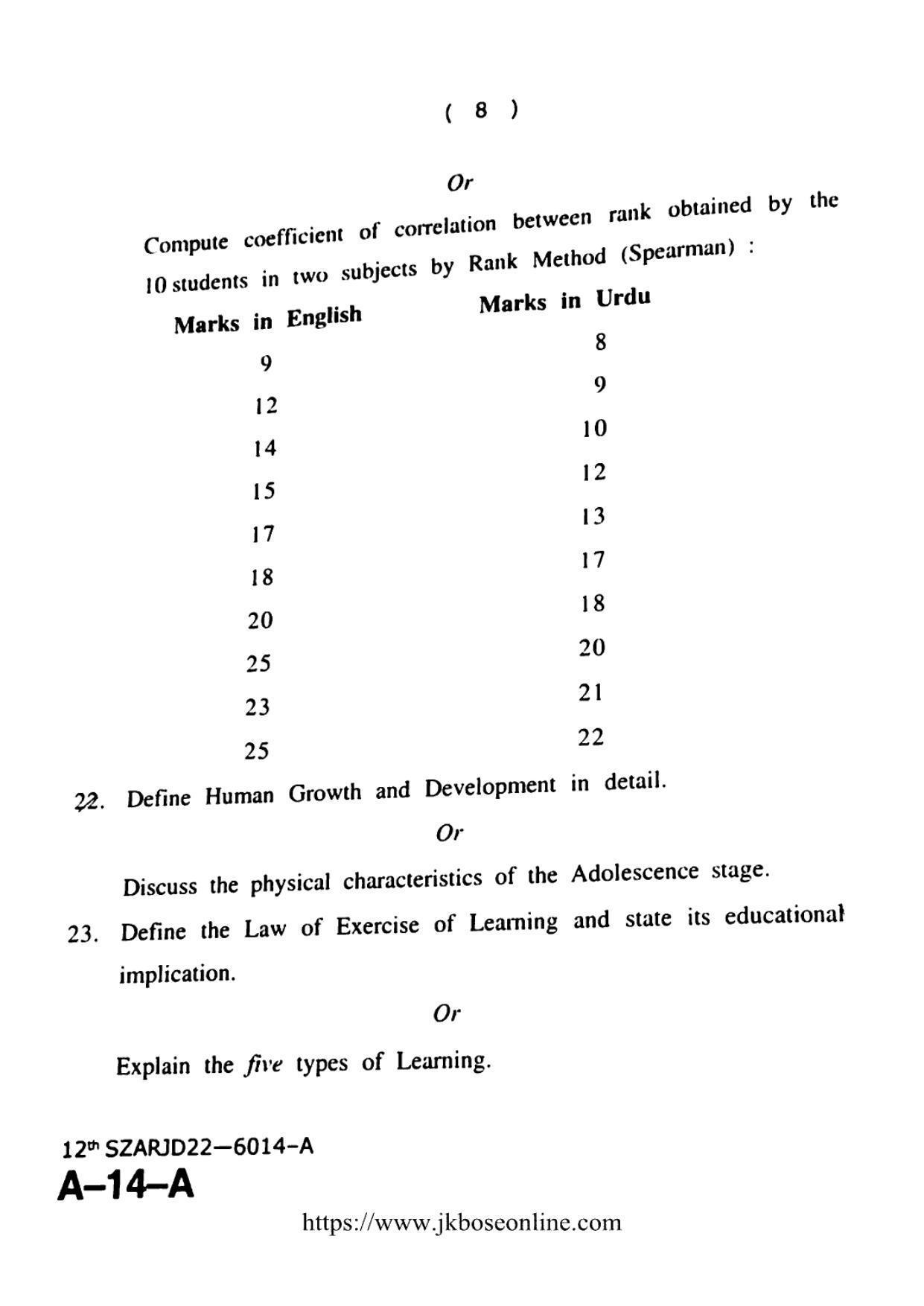 JKBOSE Class 12 Education 6014-A Question Papers 2022 - Page 8