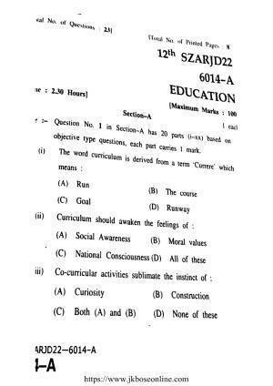 JKBOSE Class 12 Education 6014-A Question Papers 2022
