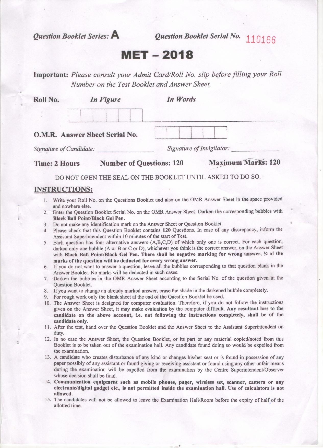 PU MET 2018 Question Booklet with Key - Page 1