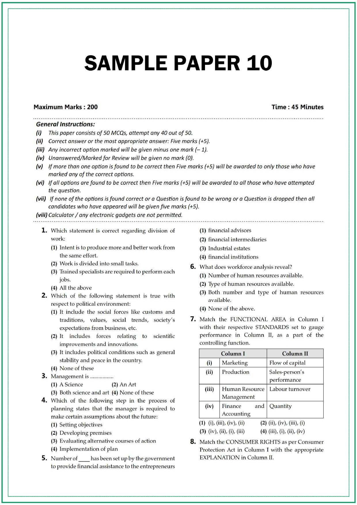 CUET UG Business Studies Sample Paper 10 - Page 1