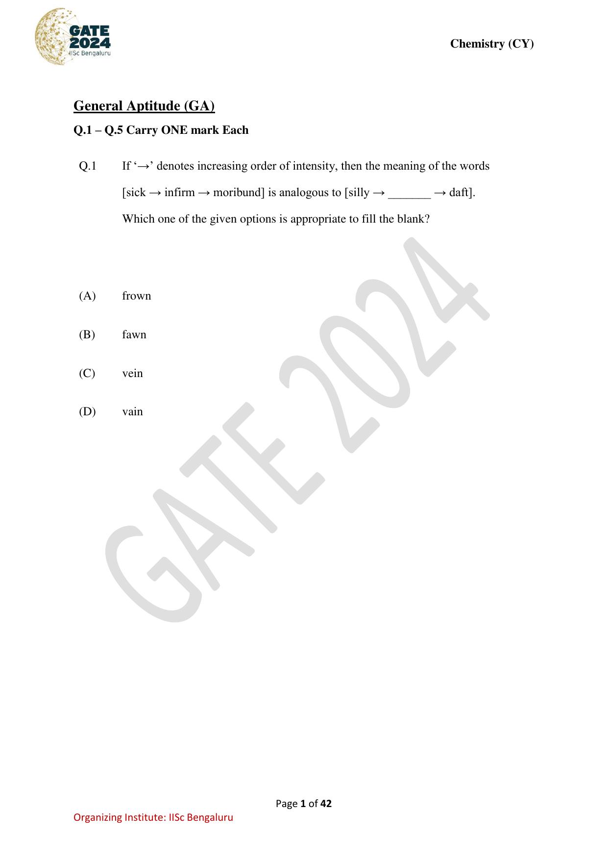 GATE 2024 Chemistry (CY) Question Paper - Page 1