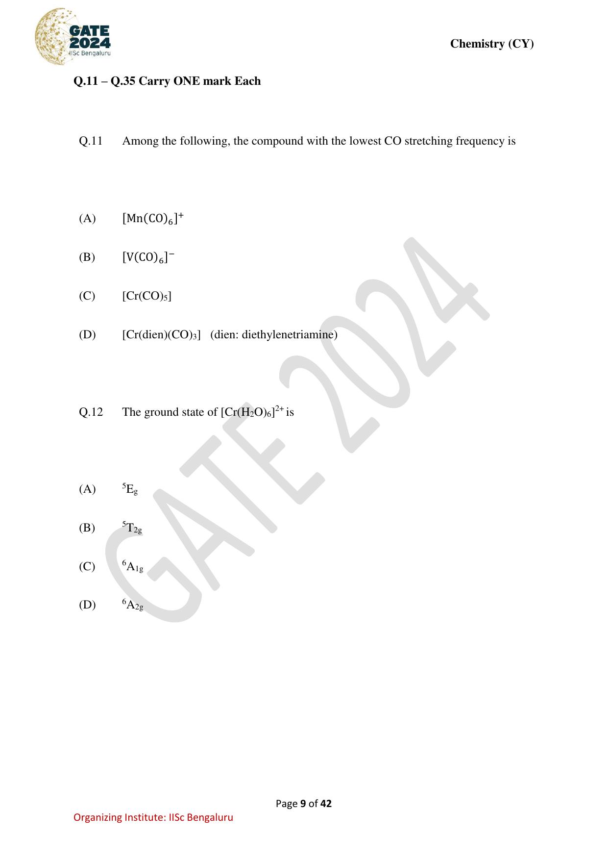 GATE 2024 Chemistry (CY) Question Paper - Page 9