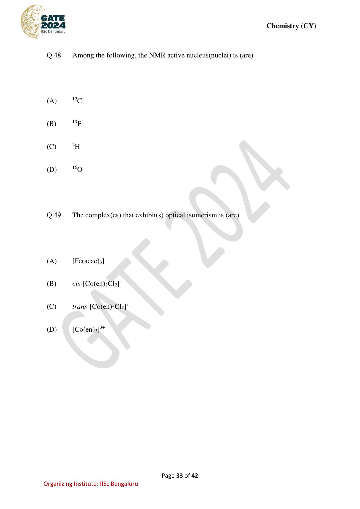 GATE 2024 Chemistry (CY) Question Paper - Page 33
