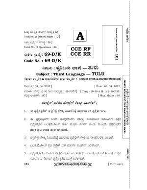 Karnataka SSLC Third Language Tulu Question Paper 2022 (A Version)
