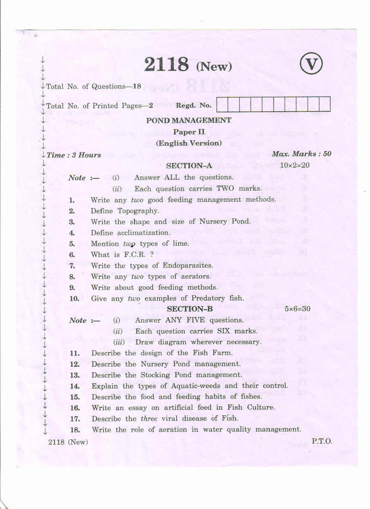 AP Inter 2nd Year Vocational Question Paper March - 2020 - Pond Management - II (new) - Page 1