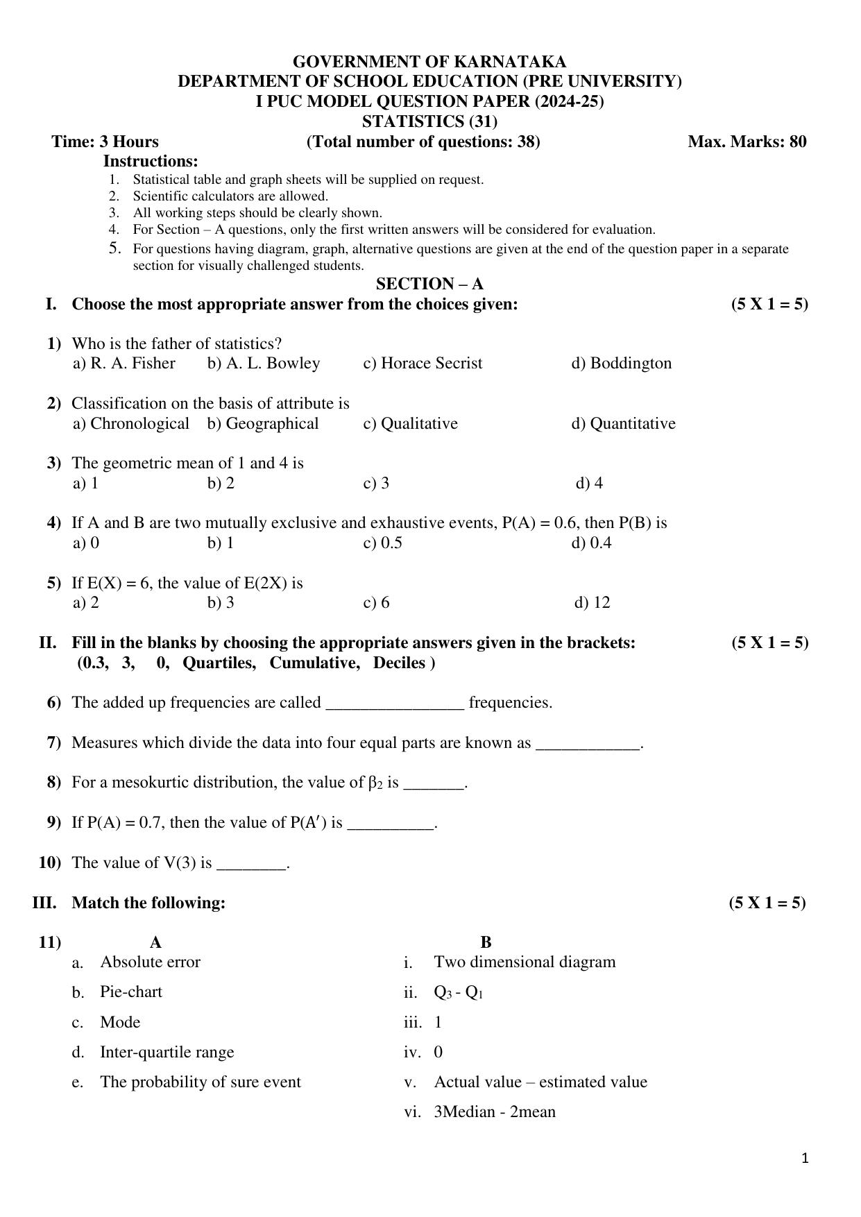 Karnataka 1st PUC Statistics Model Question Paper 2025 - Page 1