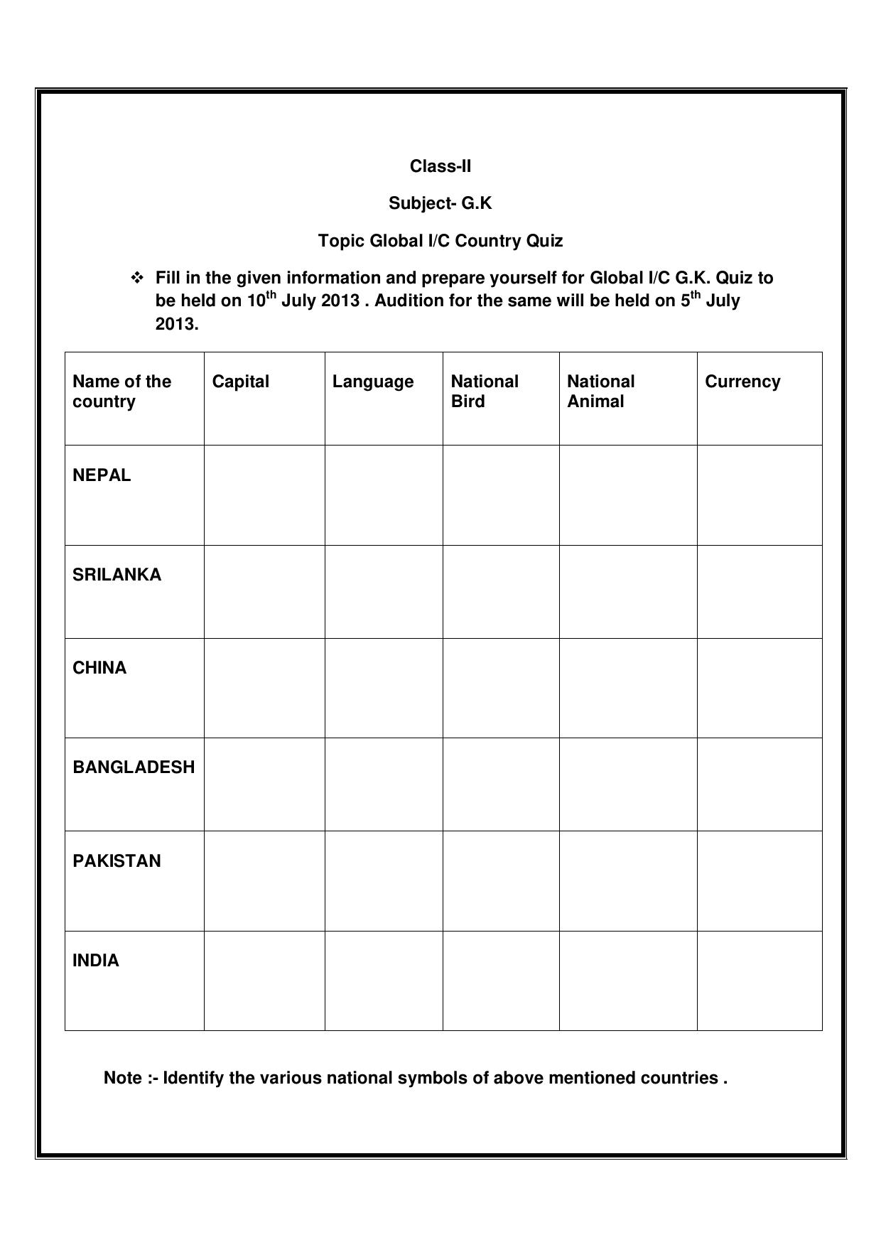 Worksheet for Class 2 GK Practice Assignment 4 Country Quiz - Page 1