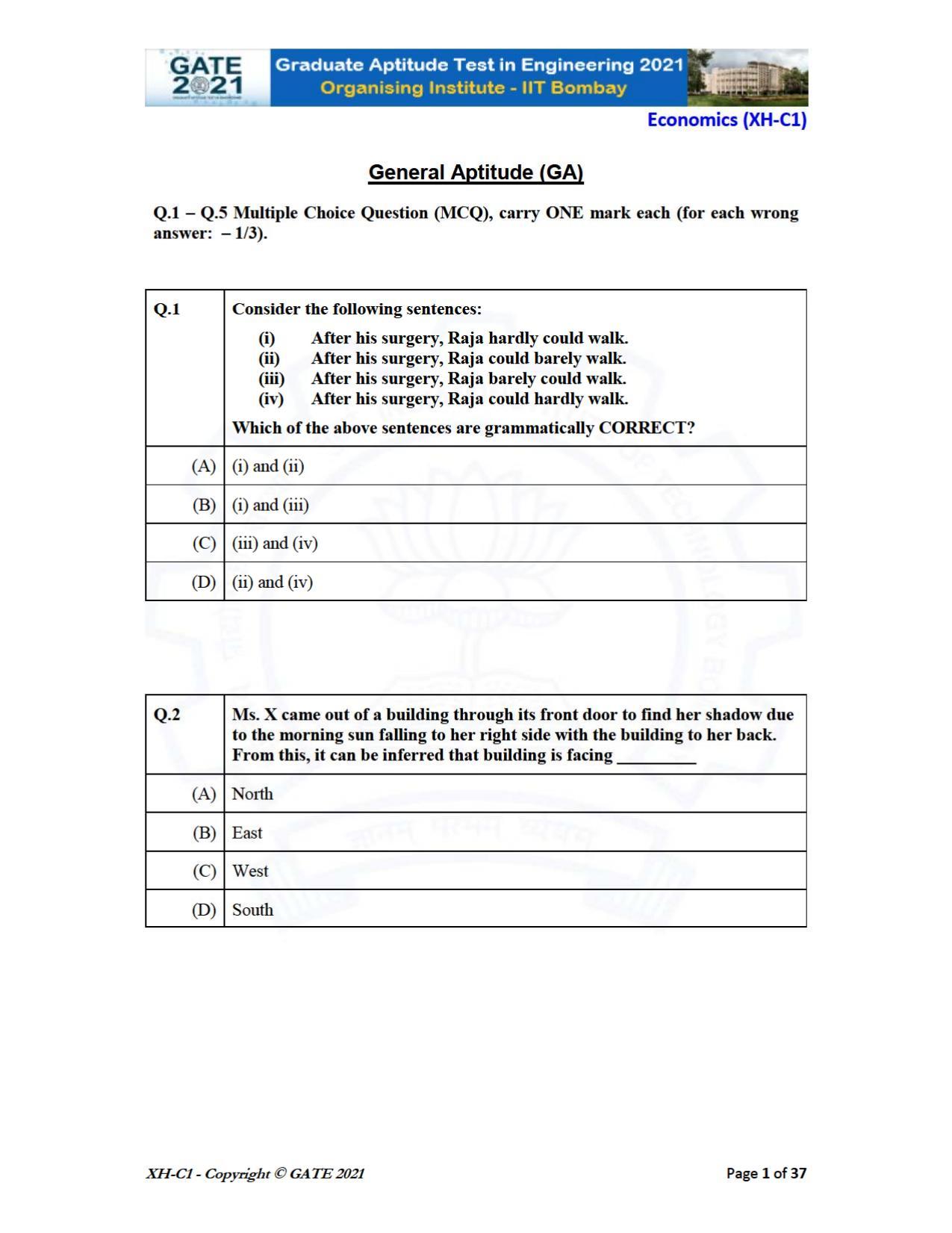 GATE 2021 Humanities & Social Sciences (XH) Question Paper - Page 1