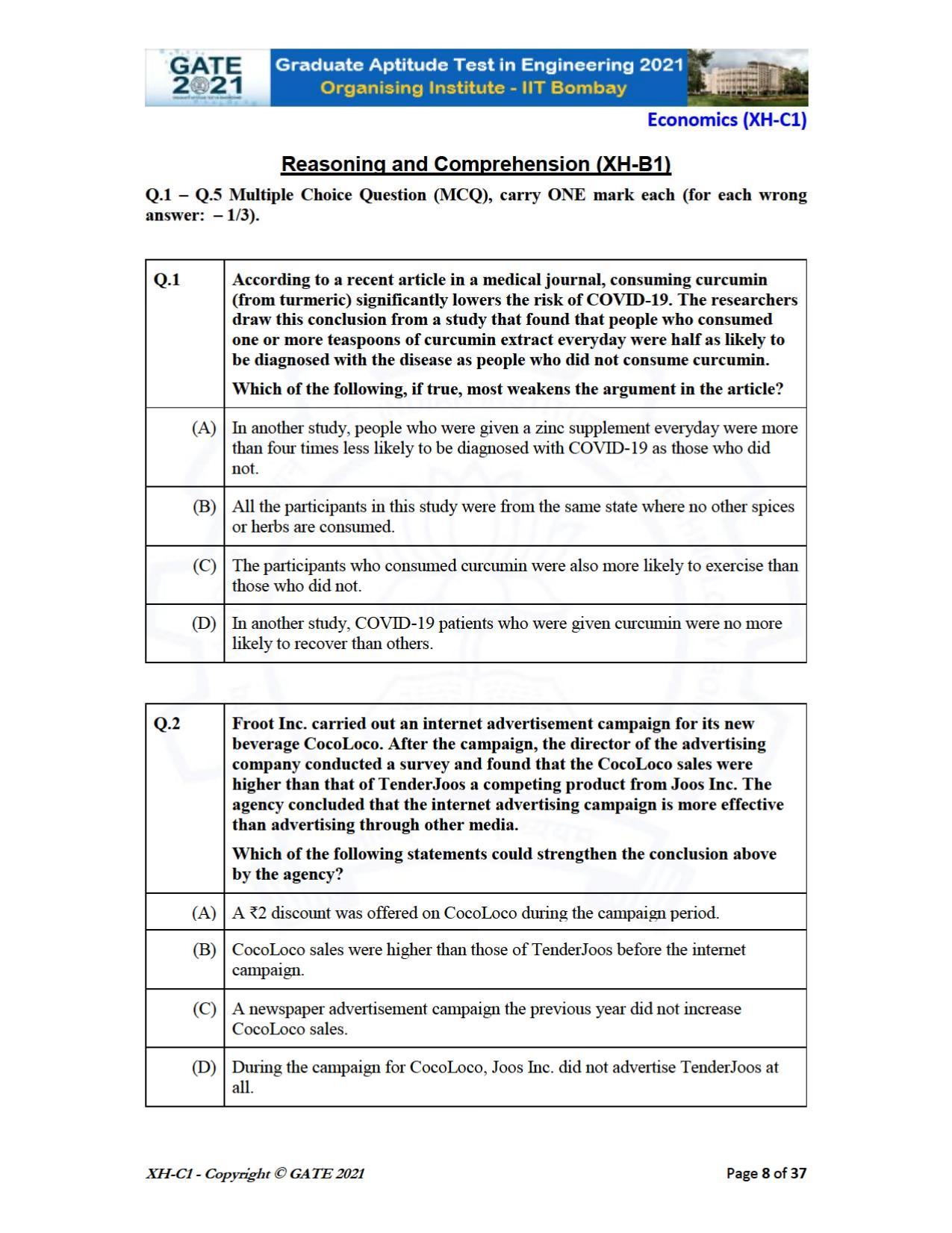 GATE 2021 Humanities & Social Sciences (XH) Question Paper - Page 8