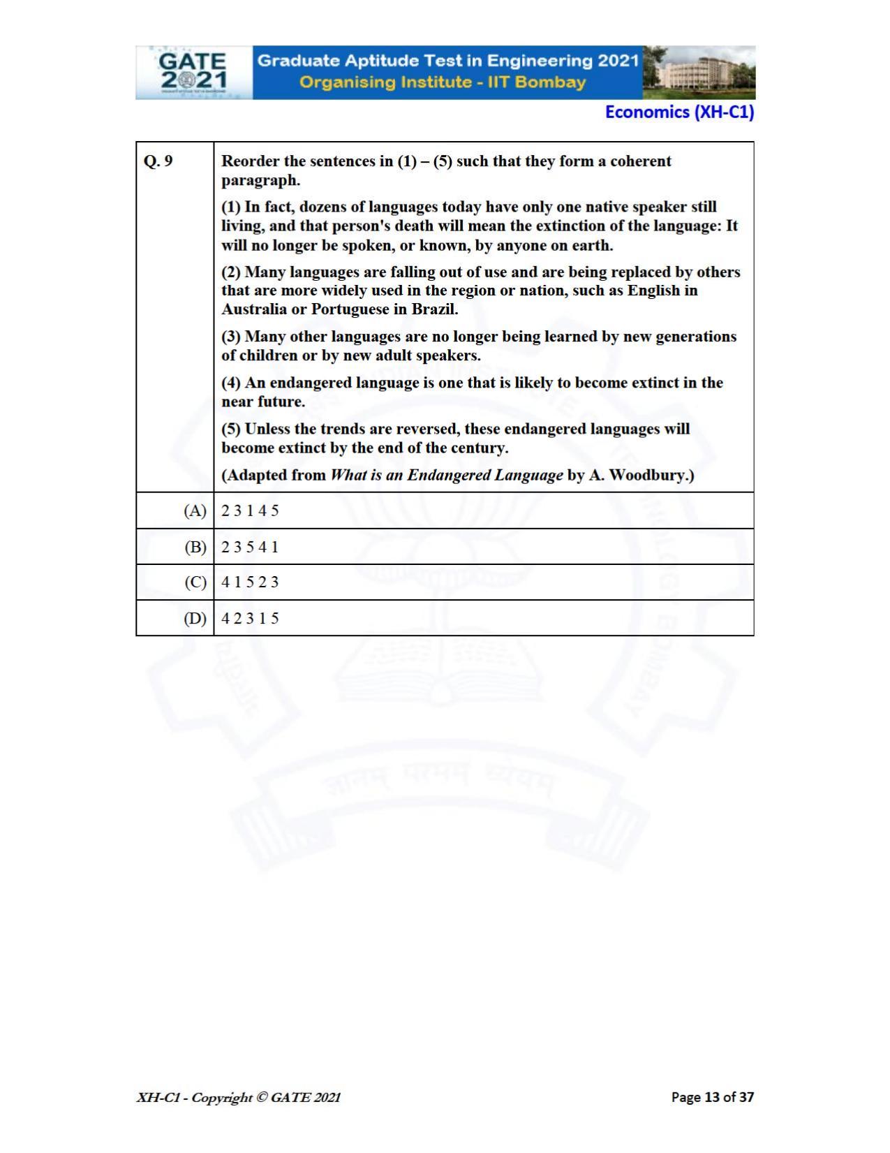 GATE 2021 Humanities & Social Sciences (XH) Question Paper - Page 13