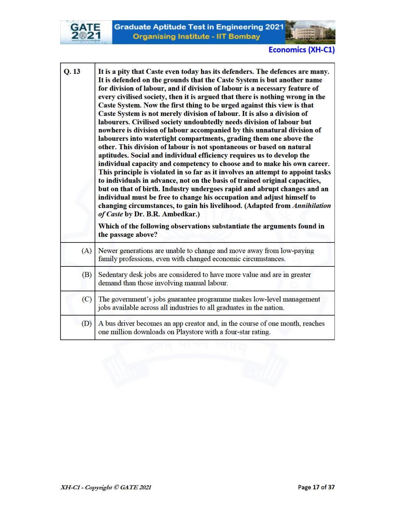GATE 2021 Humanities & Social Sciences (XH) Question Paper - Page 17