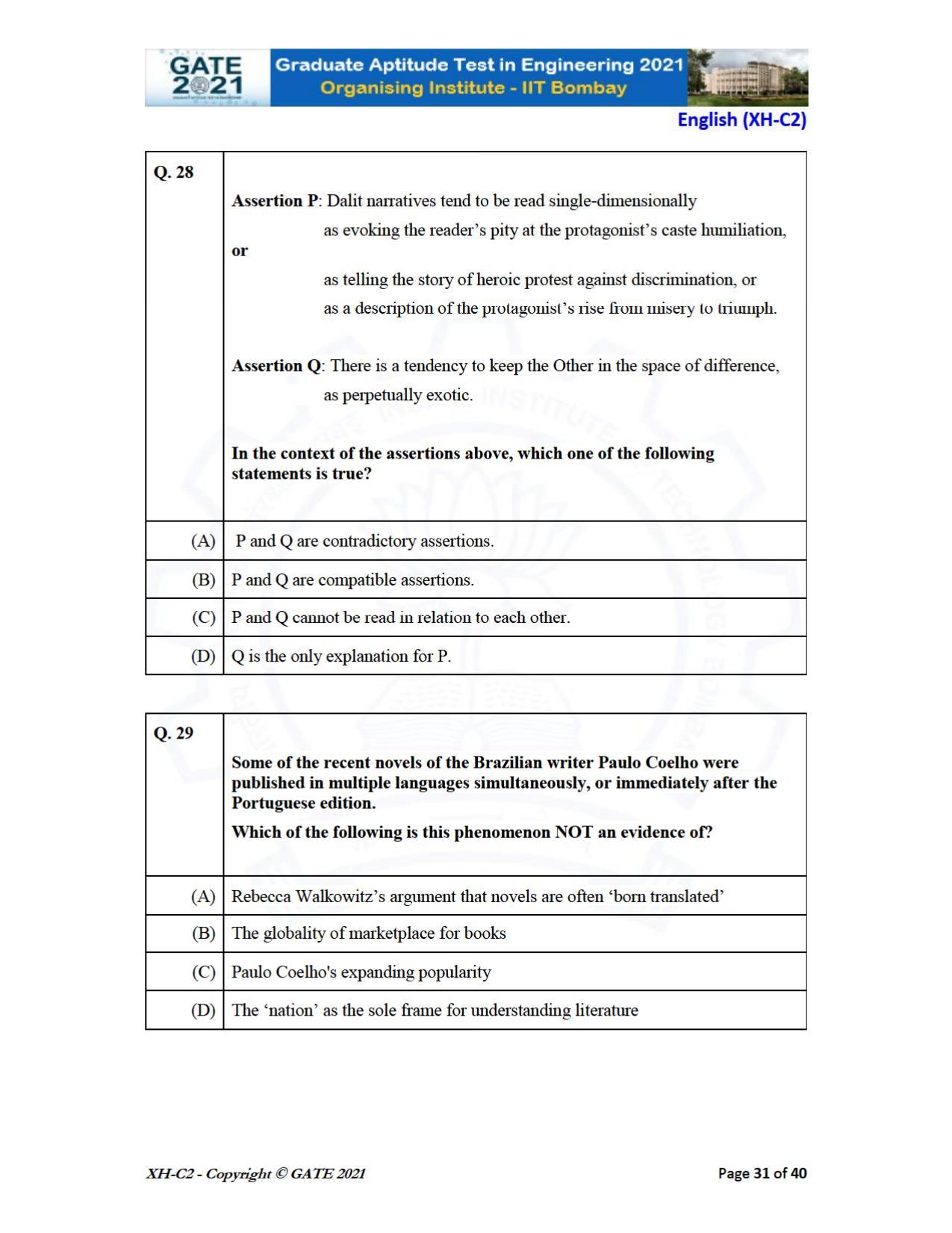 GATE 2021 Humanities & Social Sciences (XH) Question Paper - Page 72