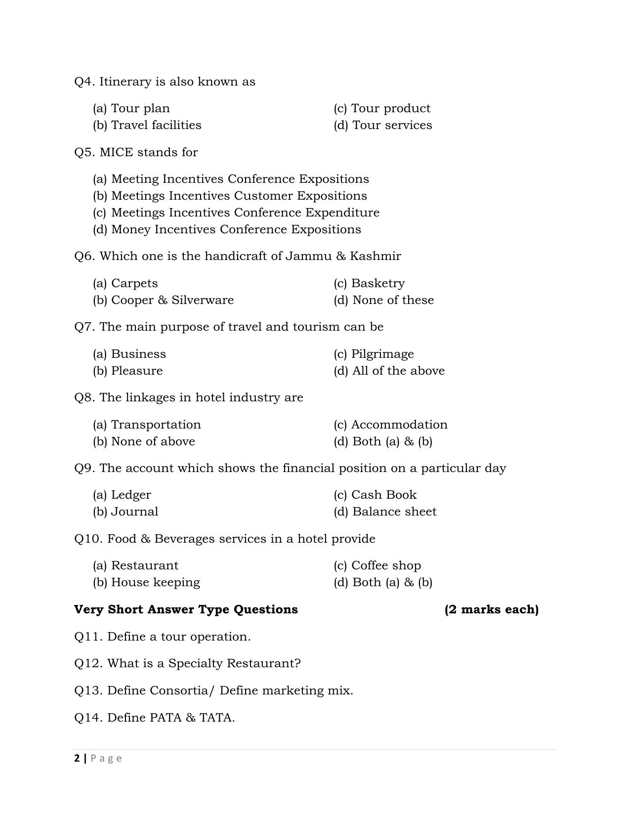 JKBOSE Class 12 Tourism and Hotel Management Model Question Paper - Page 2