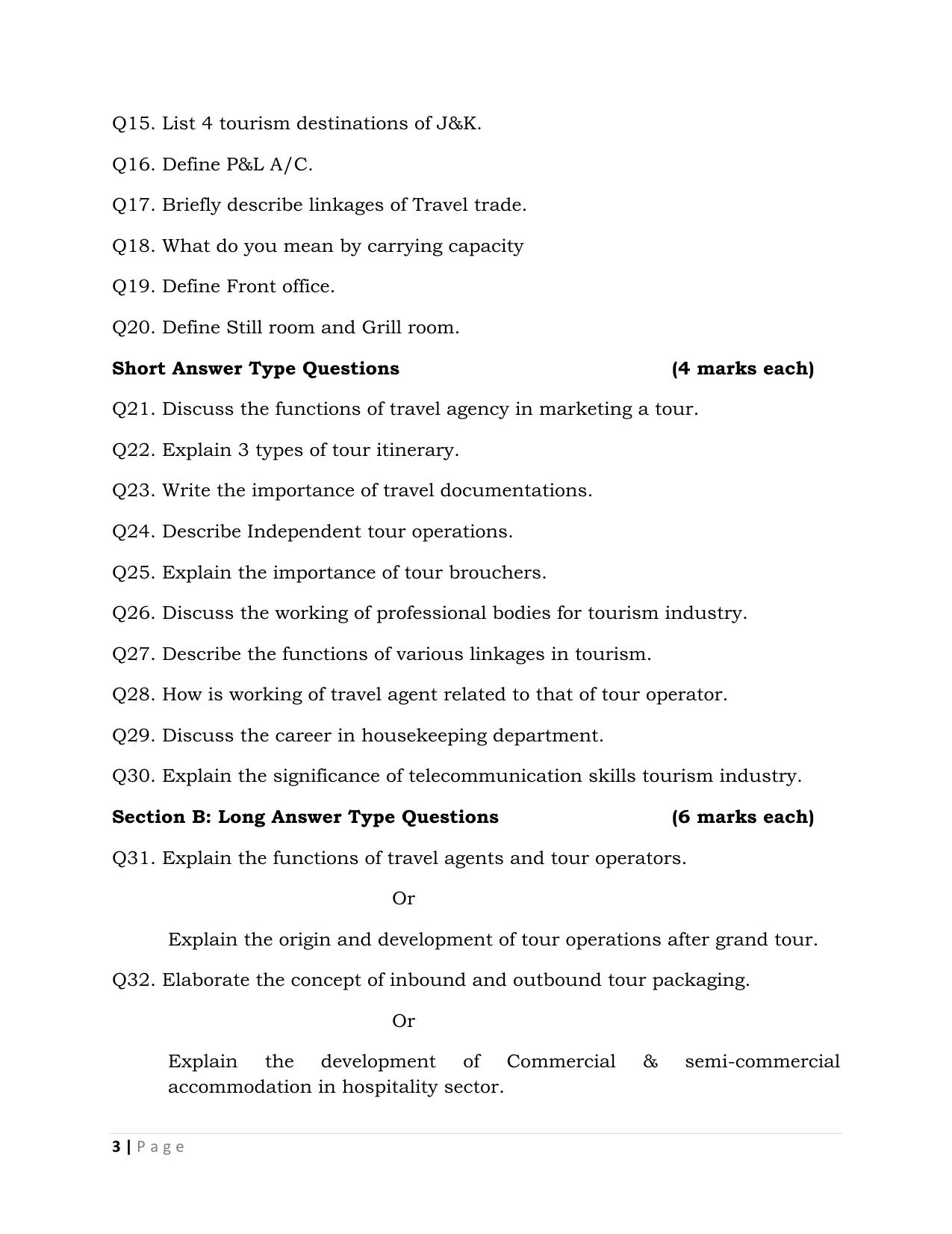JKBOSE Class 12 Tourism and Hotel Management Model Question Paper - Page 3