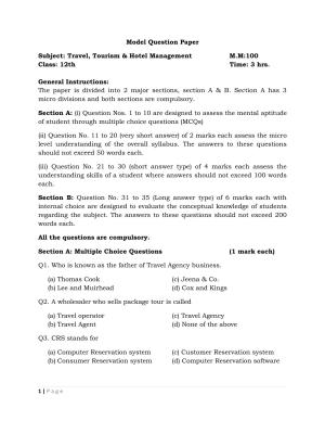 JKBOSE Class 12 Tourism and Hotel Management Model Question Paper