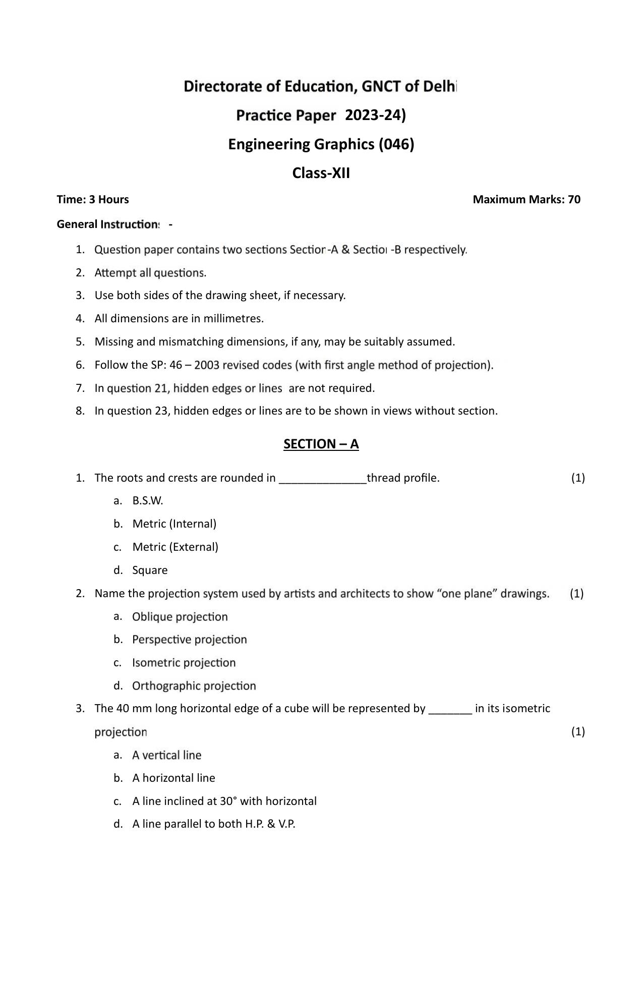 Edudel Class 12 Engineering Graphics Practice Papers-1 (2023-24) - Page 1
