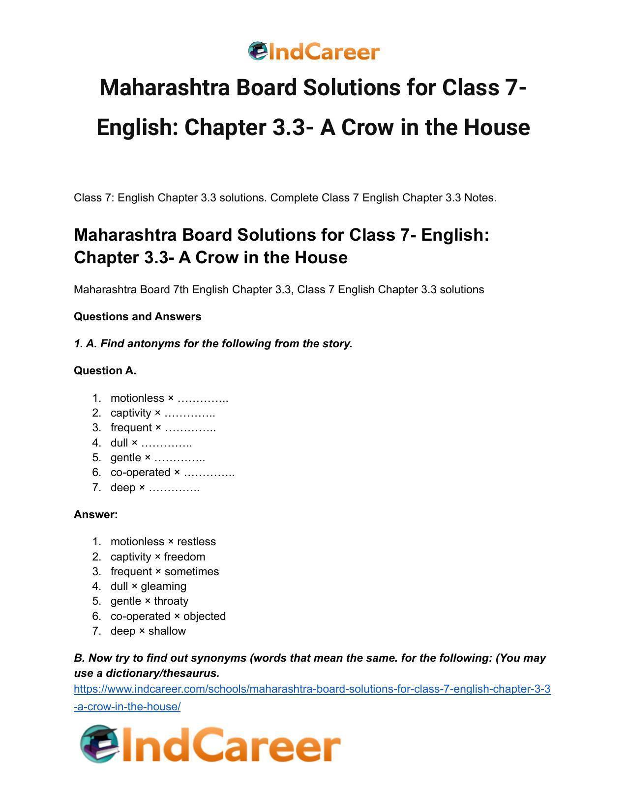 Maharashtra Board Solutions for Class 7- English: Chapter 3.3- A Crow in the House - Page 2
