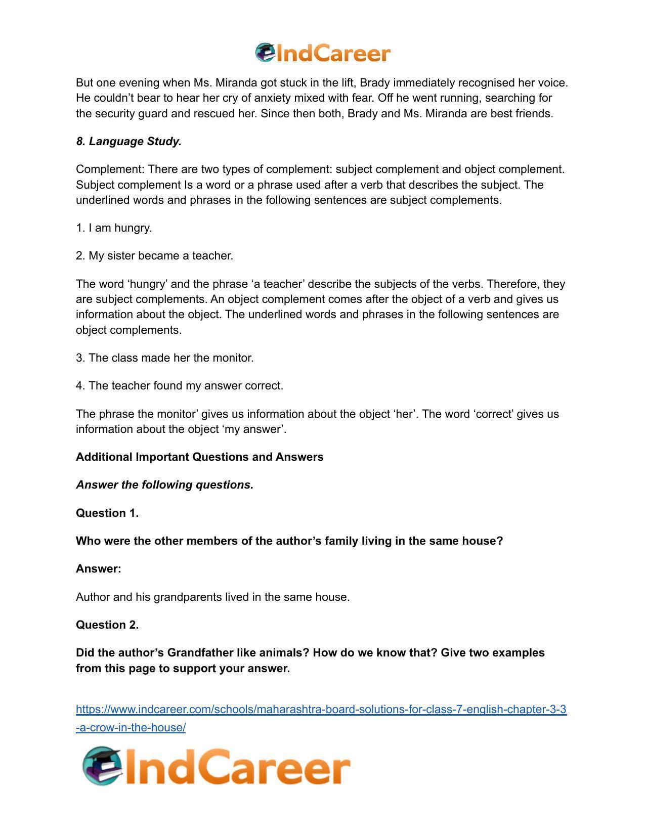 Maharashtra Board Solutions for Class 7- English: Chapter 3.3- A Crow in the House - Page 7