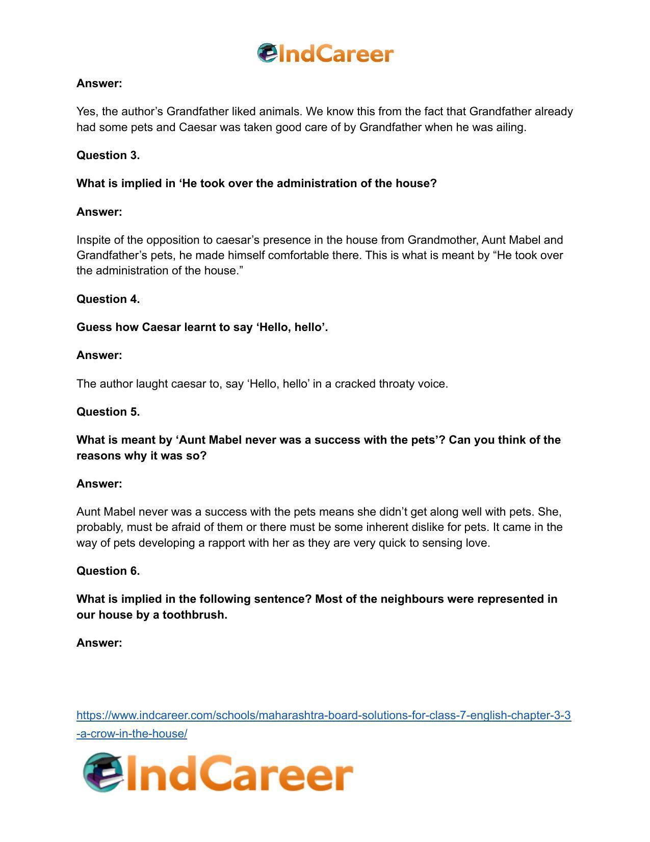 Maharashtra Board Solutions for Class 7- English: Chapter 3.3- A Crow in the House - Page 8
